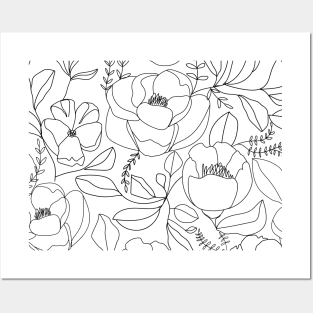 Nature pattern. One line various flowers and leaves. Posters and Art